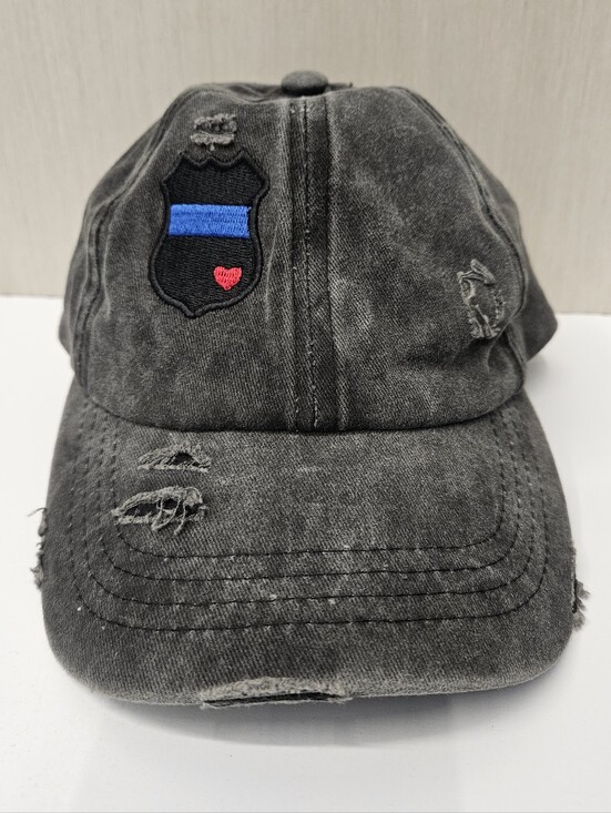 C.C Accessories - C.C Thin Blue Line Heart Womens Black Distressed Baseball Hat